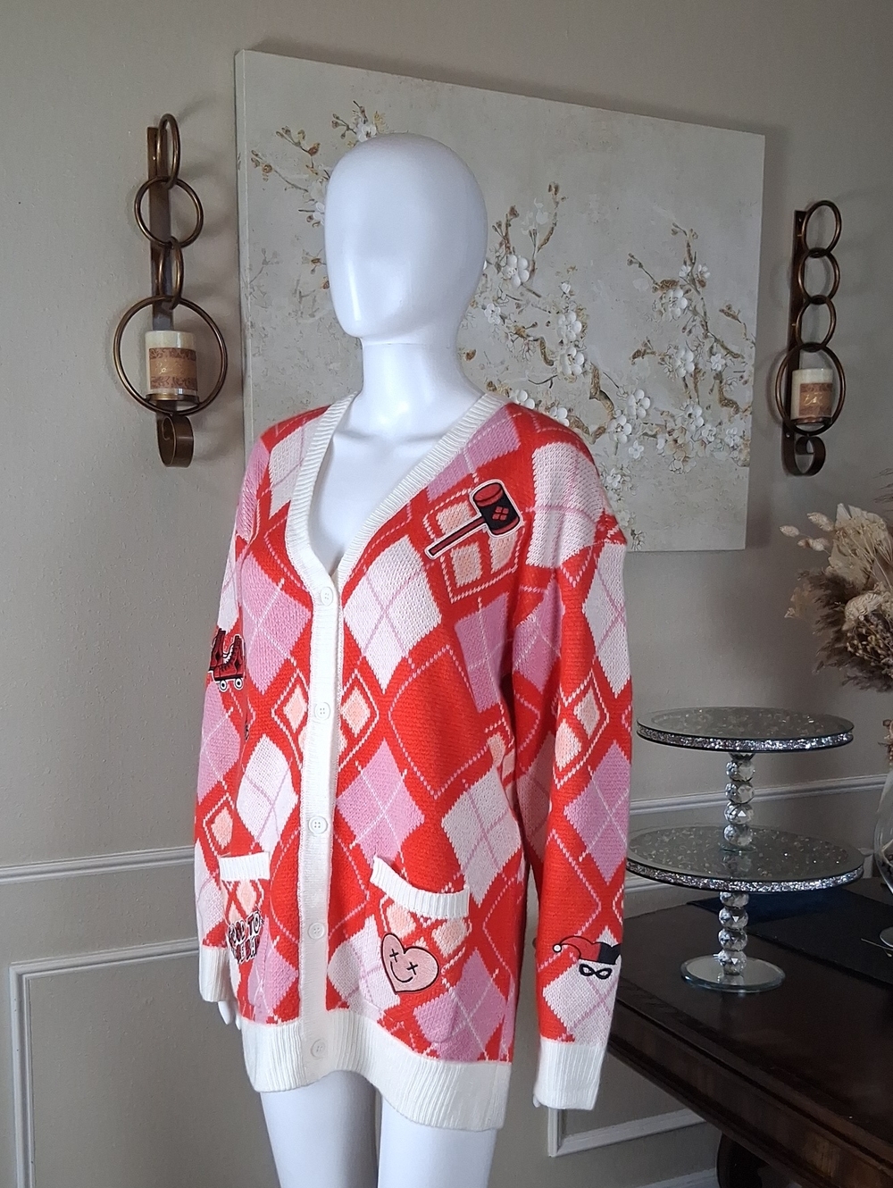 Women's Harley Quinn Diamond V-neck Long Sleeves Cardigan Sweater  Medium - Picture 5 of 16